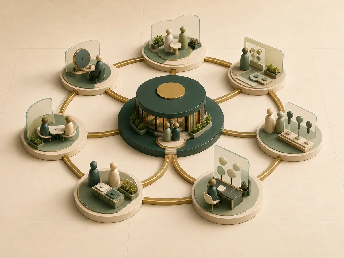 Illustration of connected benefits service stations around a shared advisory center.